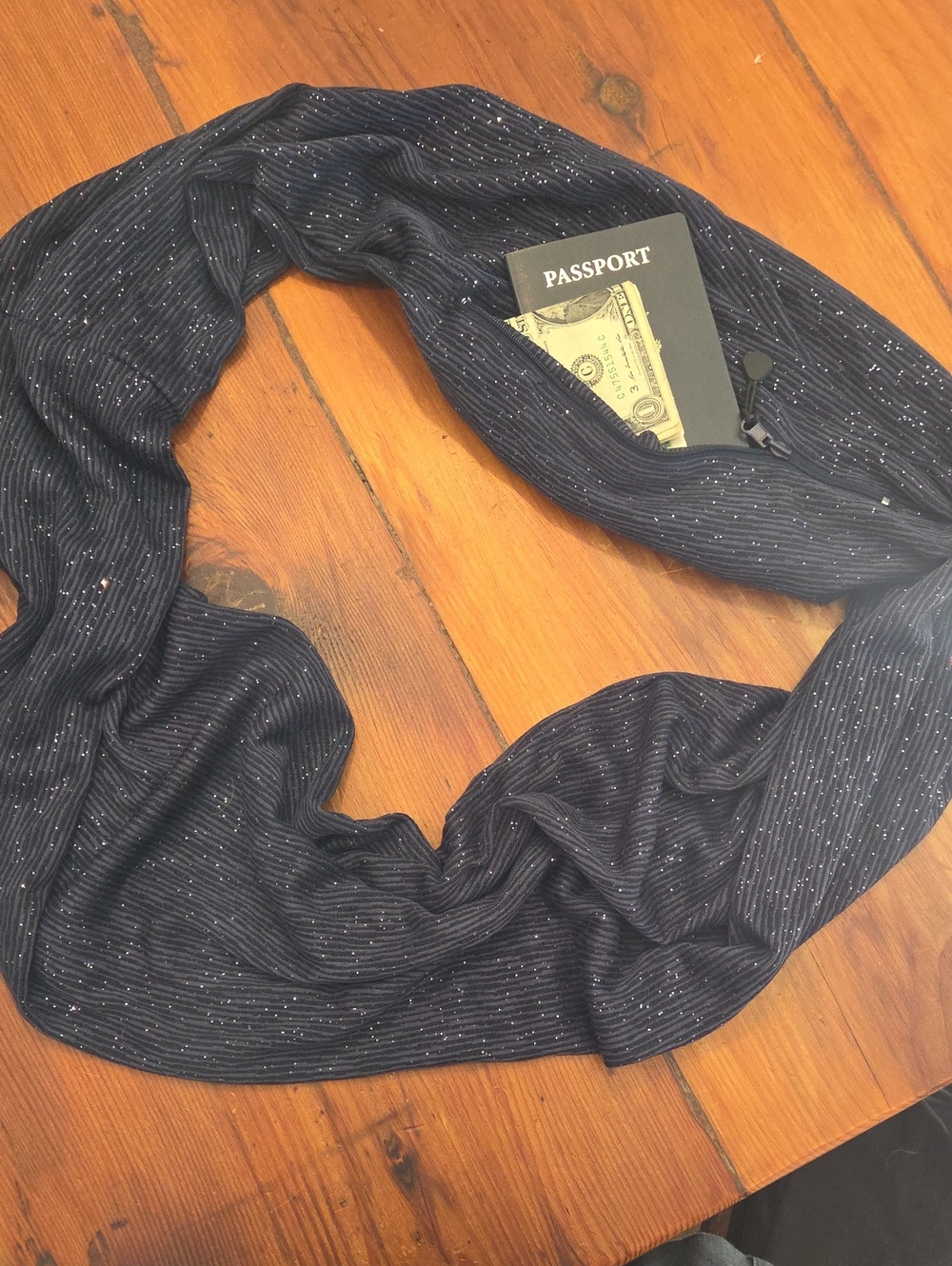 Blue Sparkly Hidden Zip Pocket Scarf